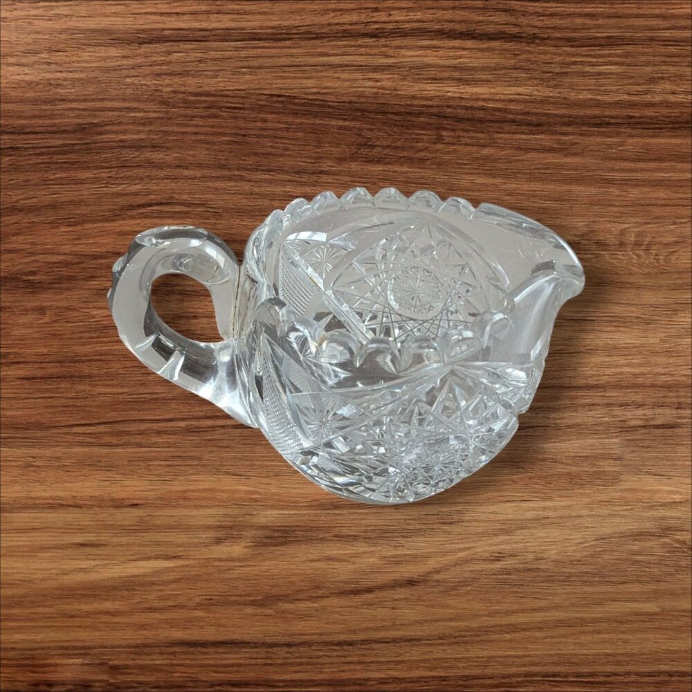 Cut Glass‎ Crystal Creamer Pitcher Elegant Handled Design 4" Vintage Clear Table
